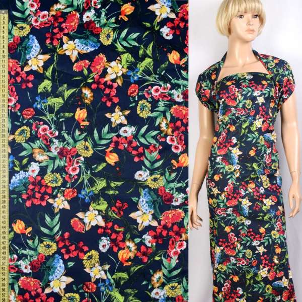 Коттон стрейч синий в красные цветы, ш.148