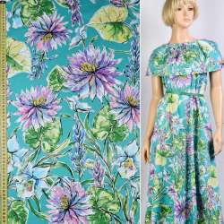 Коттон стрейч бирюзовый в сиреневые цветы, ш.145