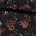 Коттон стрейч чорний, рожеві, помаранчеві квіти, ш.127