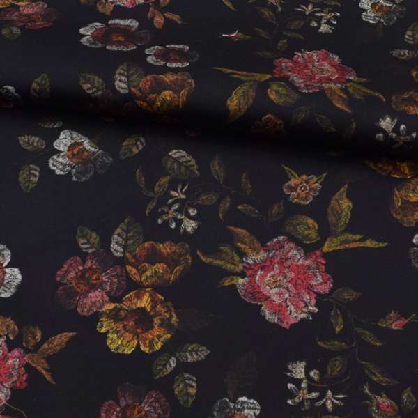 Коттон стрейч чорний, рожеві, помаранчеві квіти, ш.127