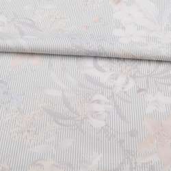 Коттон стрейч молочный в серую полоску, бежевые, белые цветы, ш.140