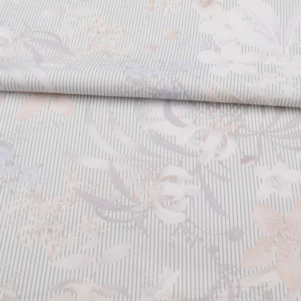 Коттон стрейч молочний в сіру смужку, бежеві, білі квіти, ш.140