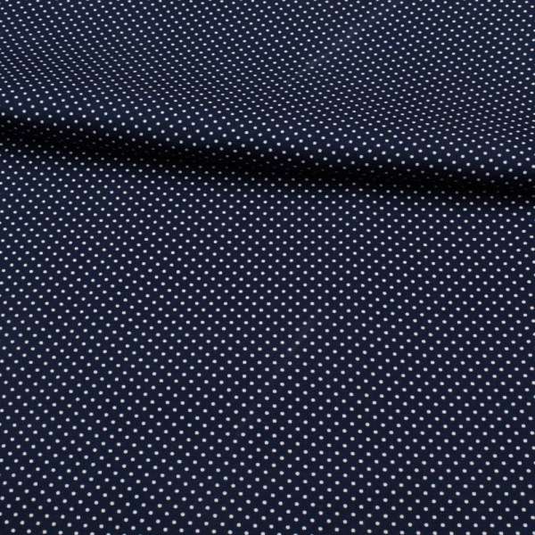 Коттон стрейч синий темный в мелкий белый горох, ш.138