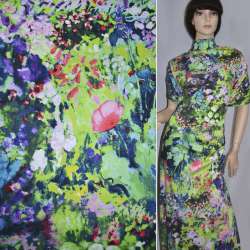 Коттон стрейч зеленый темный с салатово-розовой абстракцией ш.145