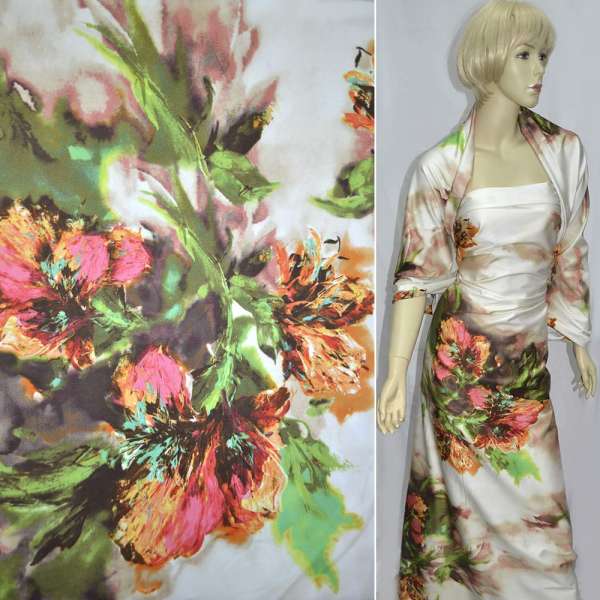 Коттон стрейч молочный с бежево-зеленой абстракцией ш.146