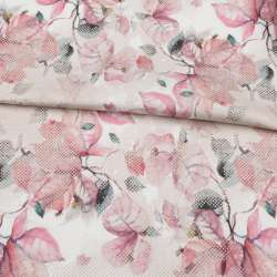 Коттон стрейч APANAGE белый, розовые листья, бежевые точки, ш.128