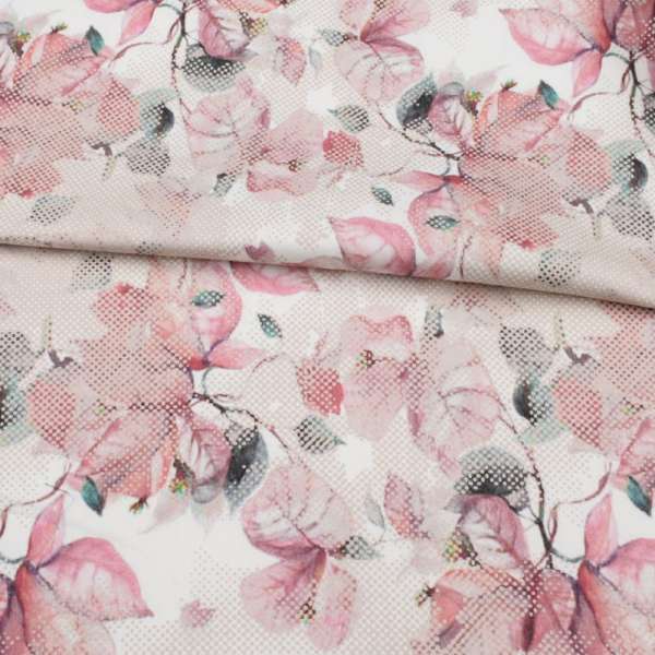 Коттон стрейч APANAGE белый, розовые листья, бежевые точки, ш.128