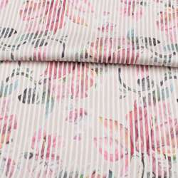 Коттон стрейч APANAGE бежевый, розовые цветы, белая полоска, ш.128