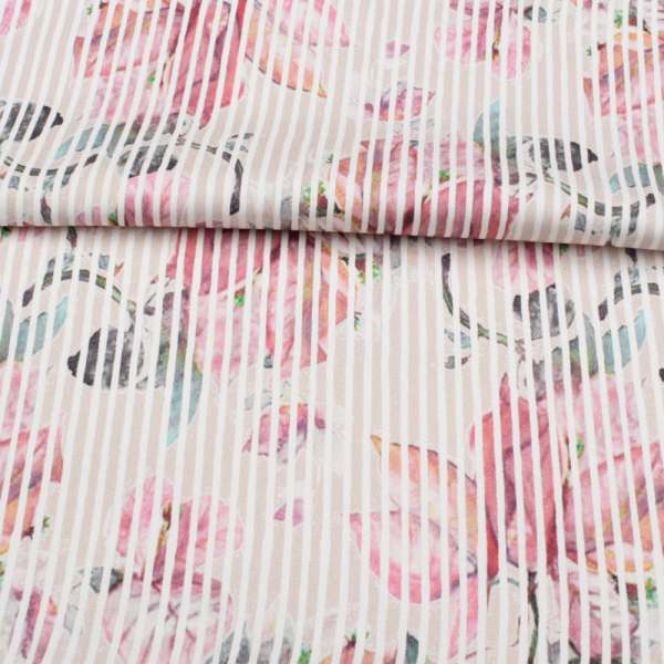 Коттон стрейч APANAGE бежевий, рожеві квіти, біла смужка, ш.128