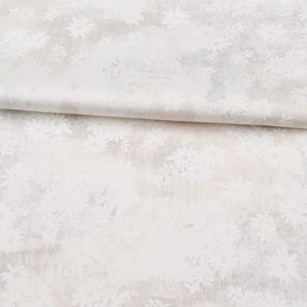 Коттон стрейч APANAGE белый, золотистые мелкие точки, белые цветы, ш.127