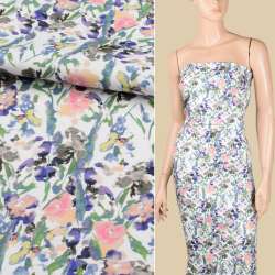 Коттон стрейч APANAGE белый, фиолетовые, розовые акварельные цветы, ш.130