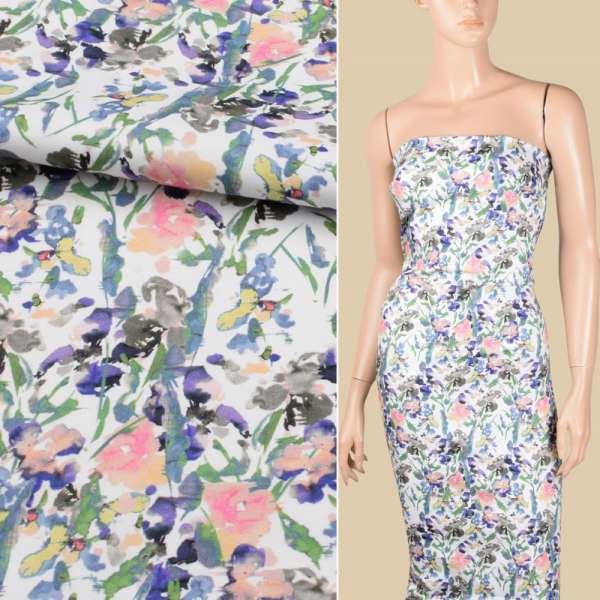 Коттон стрейч APANAGE білий, фіолетові, рожеві акварельні квіти, ш.130