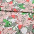 Коттон стрейч APANAGE білий, великі рожеві квіти, зелено-сірі листя, ш.131