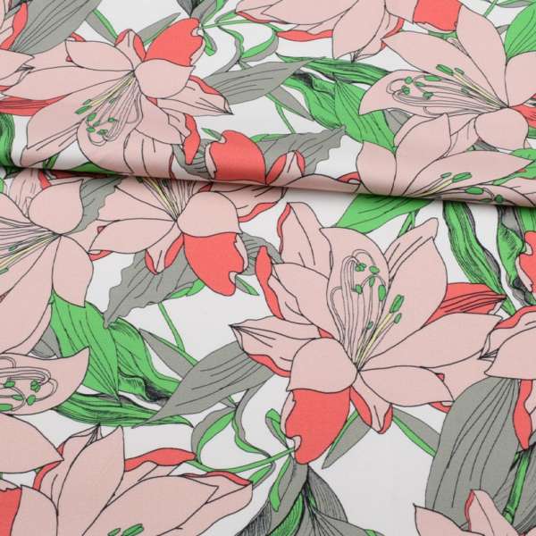 Коттон стрейч APANAGE білий, великі рожеві квіти, зелено-сірі листя, ш.131