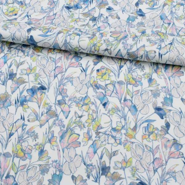 Коттон стрейч APANAGE білий, райдужні квіти, ш.135