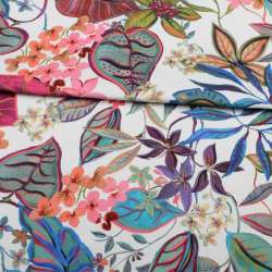 Коттон стрейч APANAGE белый, розовые, синие цветы, листья, ш.135