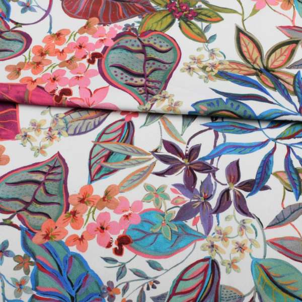 Коттон стрейч APANAGE белый, розовые, синие цветы, листья, ш.135