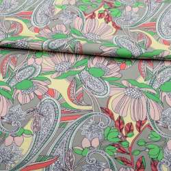 Коттон стрейч APANAGE серый, розовые цветы, бело-синие узоры, ш.135