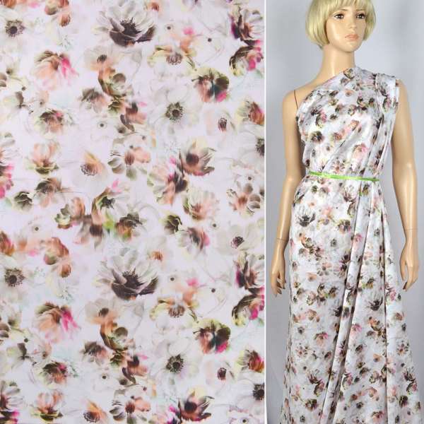 Коттон-сатин "Apanage"белый в персиково-зелено-розовые цветы ш.143