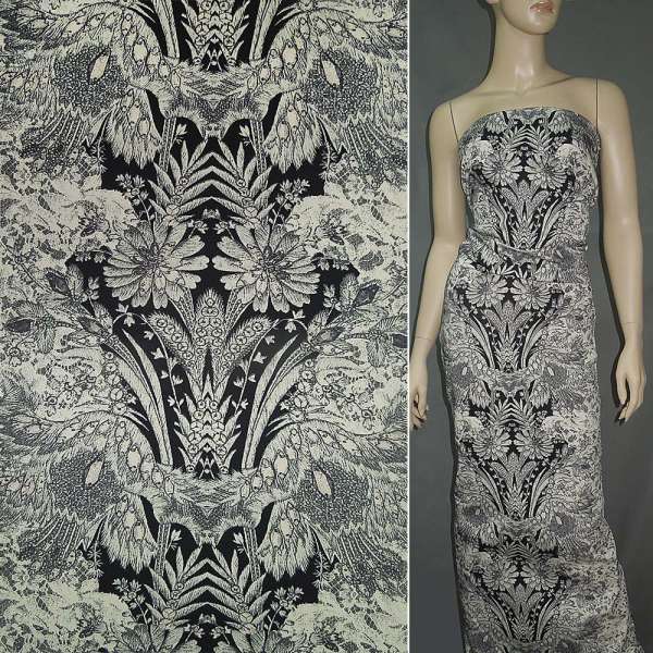 Коттон черно-молочный с цветами ш.150