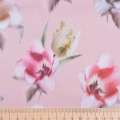 Коттон сатин бледно-розовый в розовые, коричневые тюльпаны ш.141