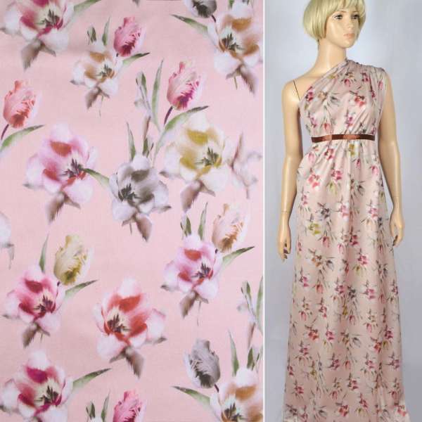 Коттон сатин бледно-розовый в розовые, коричневые тюльпаны ш.141