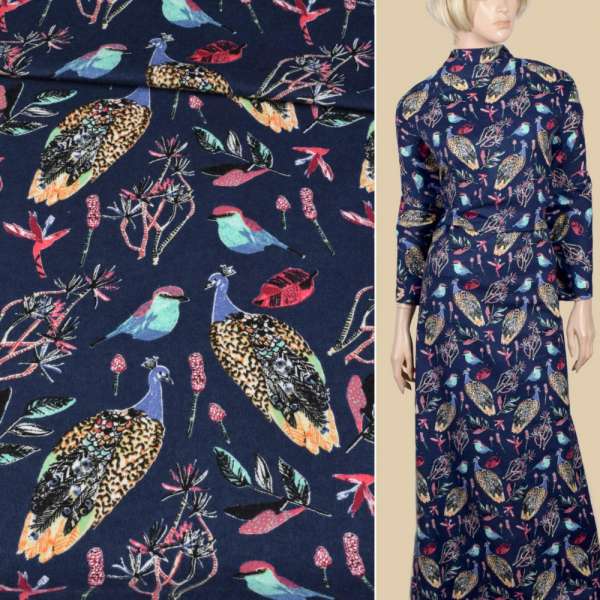 Котон з ворсом синій темний, птиці, гілки, пір'ячко, ш.140