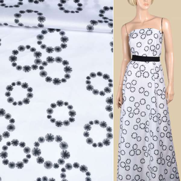 Коттон атласный белый в черные венки из одуванчиков ш.145