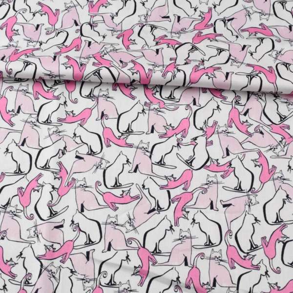 Коттон белый, розовые кошки, ш.140