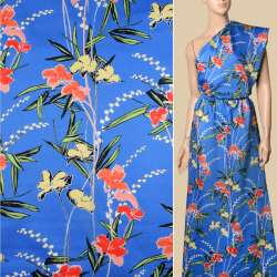 Коттон синий, кремовые, красно-оранжевые цветы, ш.140