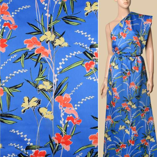 Коттон синий, кремовые, красно-оранжевые цветы, ш.140