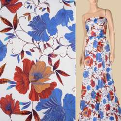 Коттон белый, синие, оранжево-желтые цветы, ш.145