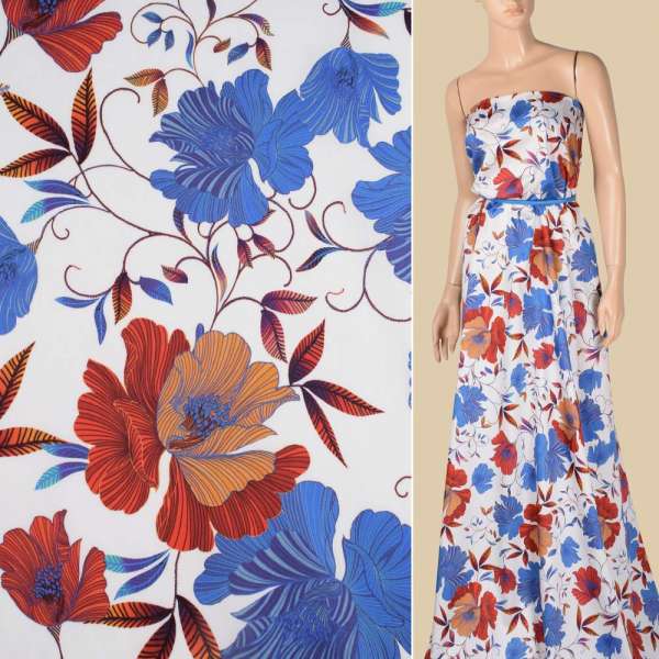 Коттон белый, синие, оранжево-желтые цветы, ш.145