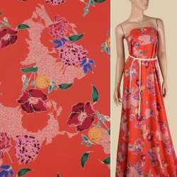 Коттон красный в желтые, розовые, бордовые цветы, ш.150