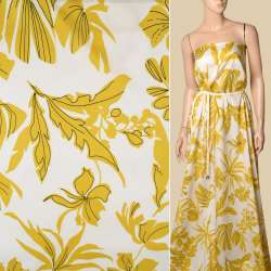 Коттон молочный, горчично-желтые листья с черным контуром, ш.140