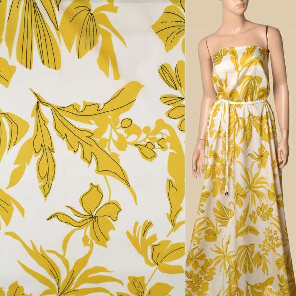 Коттон молочный, горчично-желтые листья с черным контуром, ш.140