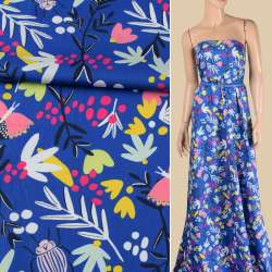 Коттон синий, розовые бабочки, жуки, белые, желтые цветы, ш.147