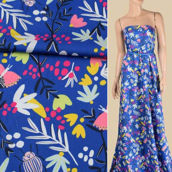 Коттон синий, розовые бабочки, жуки, белые, желтые цветы, ш.147