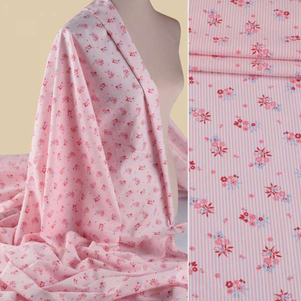 Коттон в бело-розовую полоску, розовые, голубые цветы ш.152