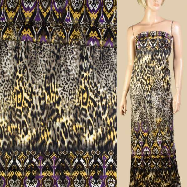 Котон атласний чорний в жовто-фіолетовий орнамент раппорт 90см, ш.150