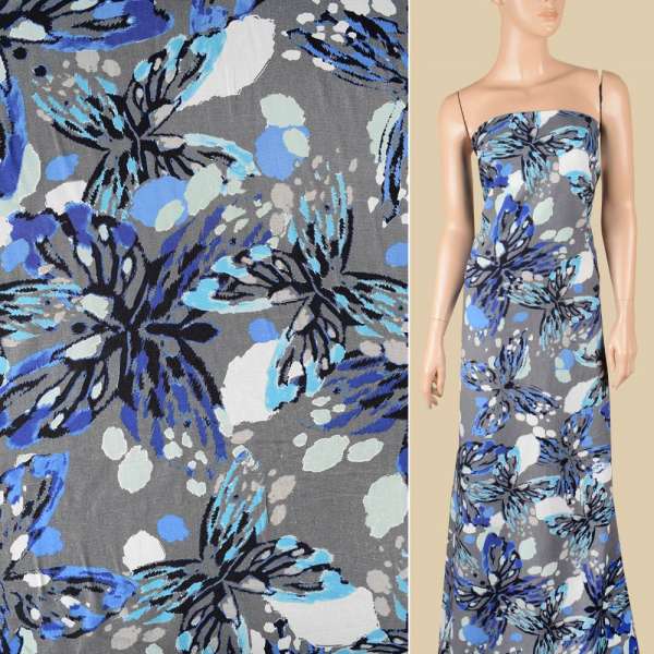 Лен серый, голубые, синие бабочки, цветные пятна, ш.138