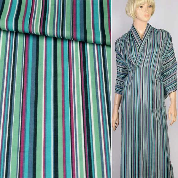 Батист в смужку зелену, бірюзову, фіолетову, чорну, ш.120