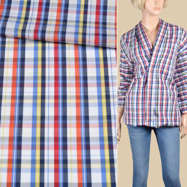 Коттон рубашечный в клетку сине-желто-красно-голубую, белый, ш.156