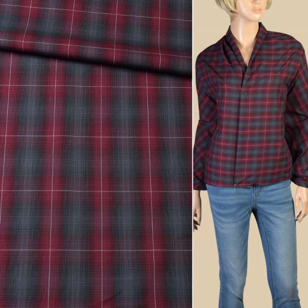 Коттон рубашечный в клетку серо-бордовую, ш.150