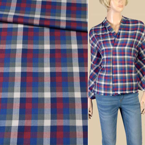Коттон рубашечный в клетку красно-бело-серую, синий, ш.147