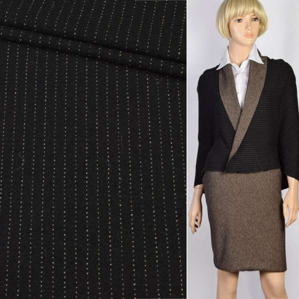 Трикотаж костюмний шерстяний двосторонній чорний в бежеву смужку, ш.130