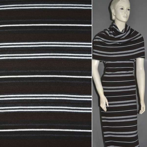 Трикотаж акриловый коричневый в серо-белые полоски ш.150