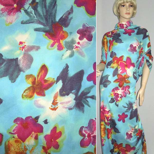 Трикотаж з шерстю стрейч бірюзовий з малиновими жовтими квітами ш.160