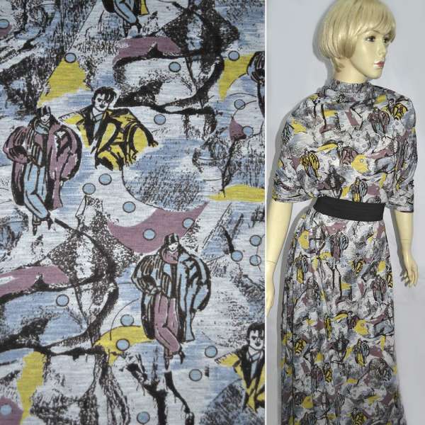 Трикотаж акриловий сірий з принтом зима люди