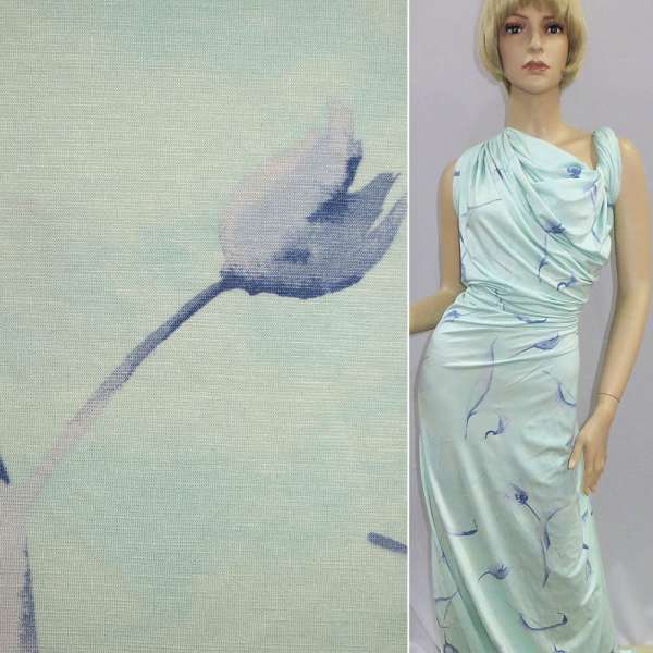 Трикотаж віскозний стрейч з тюльпанами бузковими блакитний ш.138